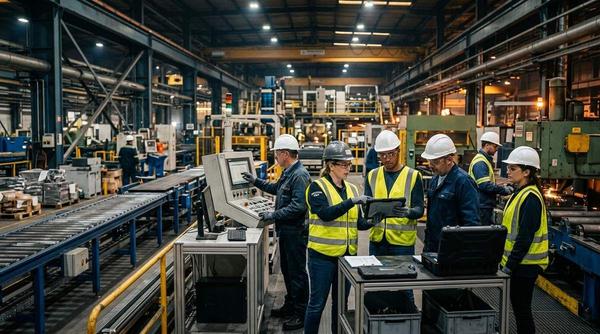 Industrial operations team inside a manufacturing facility
