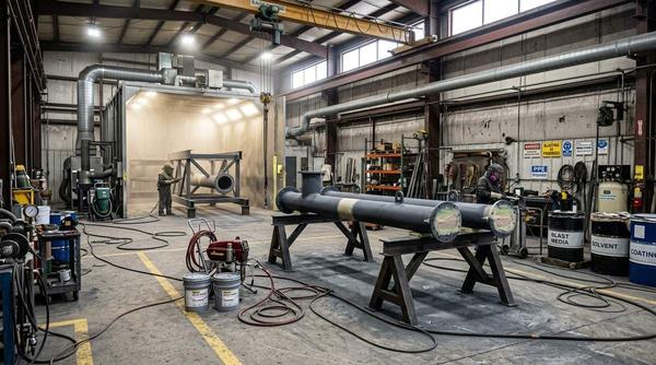 Industrial shop interior prepared for blasting and coating work